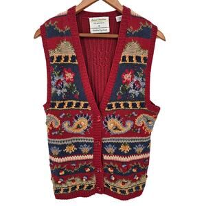 Vintage Marisa Christina Hand Knit Sweater Vest Red Paisley Floral  M Grandma